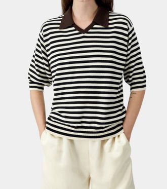 CORDERA Organic Cotton V-Neck Polo Shirt In Ecru Black