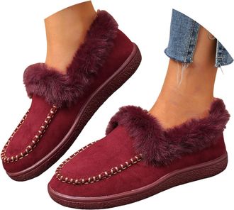 Generic Womens Winter Loafer Warm Fleece Lining Anti-Slip Ankle Snow Boots Slip On Casual Shoes Outdoor Plush Short Booties Fuzzy Loafers Fashion Low Top Flat