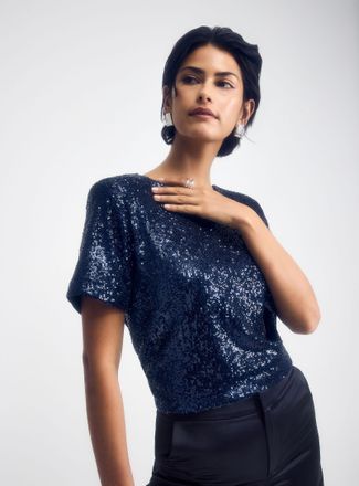 Contemporaine Womens Removable shoulders sequined T-shirt