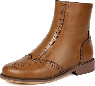 Generic Womens Western Cowgirl Ankle Boots Side Zipper Perforated Round Toe Low Block Heels Retro Brouge Dress Shoes (Yellow,5.5)