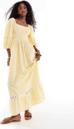 Accessorize Vestito lungo da mare arancione a quadretti con maniche a sbuffo