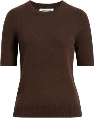 Nordstrom Cashmere Short Sleeve Crewneck Sweater in Brown Mole at Nordstrom, Size Xx-Small