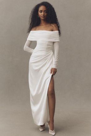 BHLDN Off-Shoulder Mixed Mesh & Satin Wrap Maxi Dress