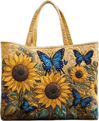 Generic Vintage Quilted Tote Bag for Women, Aesthetic Cotton Shoulder Bag with Literary Book & Floral Embroidery Lightweight Hobo Purse for World Book Day & M