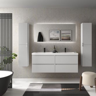 Cygnus Bath Mueble De Ba&ntilde;o Kira 140cm Blanco Mate 4 Cajones Lavabo Toscana 2 Pozas Carga Mineral