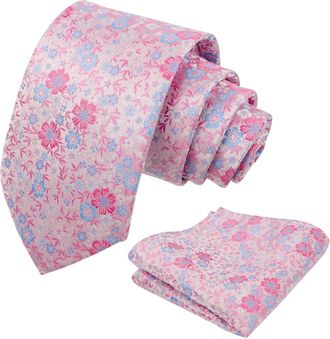 Alizeal Mens Floral Necktie with Pocket Square for Wedding Party Tie and Handkerchief Set, Pink+Blue+Magenta