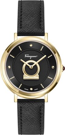 Ferragamo Minuetto Leather Strap Watch, 36mm in Yellow Gold/black at Nordstrom Rack