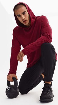Alo | Conquer Reform Long Sleeve With Hood Top in Garnet, Size: Medium