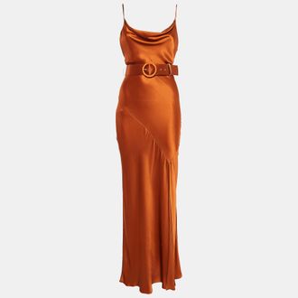 Nicholas Brown Satin Cowl Neck Belted Maxi Slip Dress
