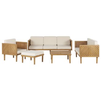 Beliani Conjunto De Jard&iacute;n 6 Plazas De Madera De Acacia Clara Beige Claro Mesa Sillas Cojines Baratti