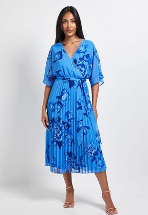 Wallis Womens Petite Floral Pleated Midi Dress - Blue - Size 16 UK