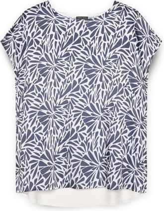 Fiorella Rubino T-shirt met twee materialen en bladerprint - Dames - Blouses - Blauw - XS - Polyester - Overhemden