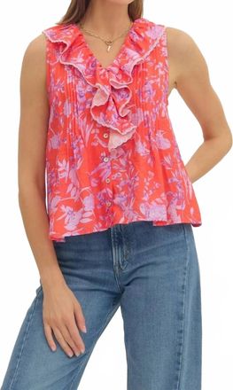Entro Botanical Ruffle V Neck Top In Red Pink