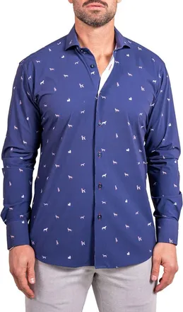 Maceoo Einstein Stretch Ascension 0205 Dog Print Contemporary Fit Button-Up Shirt in Blue at Nordstrom, Size Medium