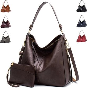 Generic Vintage PU Vegan Leather Handbags and Purse Sets for Women Fashion Tote Hobo Bags Shoulder Satchel Handbag Zip Wallet, B-coffee