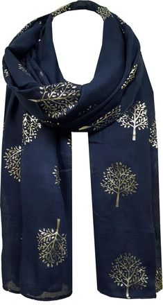 World of Shawls Silver Foil Mulberry Tree Print Fashion Scarf (Navy Blue)