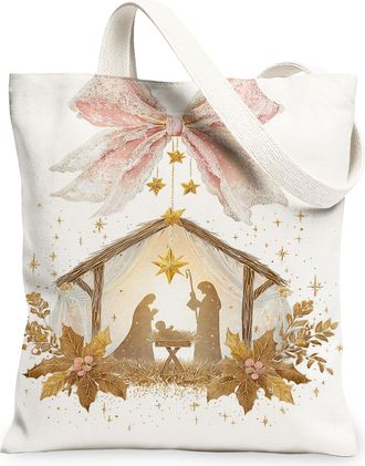 Generic Christmas Nativity Scene Canvas Tote Bags, Elegant Vintage Design Reusable Grocery Bags, Holiday Lightweight Washable Shoul, White, 13x15 Inch