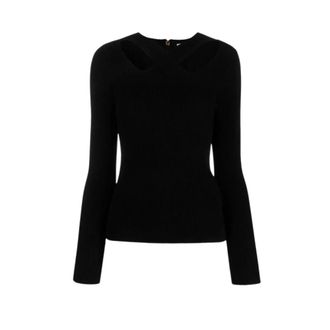 Michael Kors Truien & Vesten, Dames, Zwart, S, Leer, Geribbelde Stretch Knit Sweater met Uitsparingen