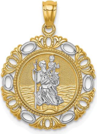 Diamond2Deal 14k Yellow Gold White Rhodium Solid St. Christopher Medal Edge Pendant
