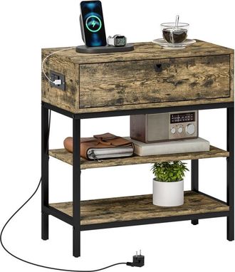 HOMCOM Homcom - Mesa Auxiliar Con Estaci&oacute;n De Carga Mesita Auxiliar Industrial Con Caj&oacute;n Y Estantes Abiertos Mesa Auxiliar Para Sal&oacute;n Marr&oacute;n R&uacute;stico