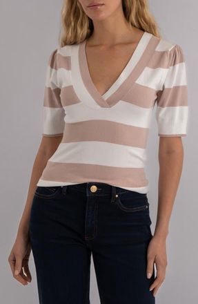 Kut from the Kloth Yona Stripe Puff Sleeve Sweater in White/Blush at Nordstrom, Size X-Large