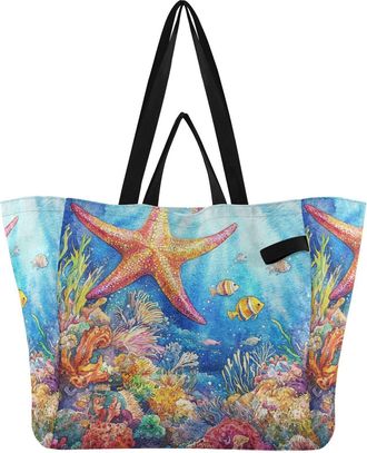 Generic Coral Fishes Blue print Reusable Canvas Tote Bag, Heavy Duty Grocery Shopping Bag with Large Capacity Hard Bottom Double Handles Work Groceries Travel