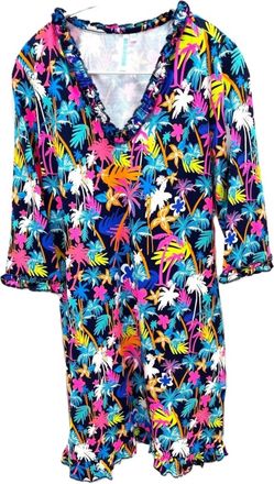 Beach Time Womens Ruffle V-Neck And Hem Palm Tree Print Dress In Multi Bright