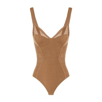 Elisabetta Franchi Tops, Dames, Bruin, XS, Katoen, Bodysuit in knit and lace fabric