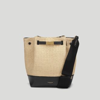 DeMellier The New York Bucket in Natural Raffia Black Smooth Leather Shoulder bag