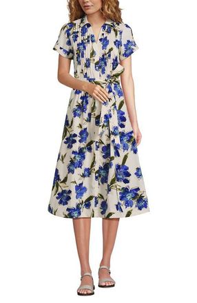 Lands End Poplin Pintuck Detail Shirt Dress in Ivory Latte/blue Etched Floral at Nordstrom, Size X-Small