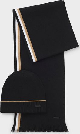 HUGO BOSS Mens BOSS Orange Henzo Mens Hat and Scarf Gift Set with Stripe Details - Black 001 - Size: ONE size