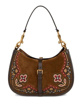Etro Pony floral-embroidery suede medium shoulder bag - Bruin