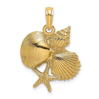 Diamond2Deal 14k Yellow Gold Textured Shell Cluster and Starfish Charm Pendant
