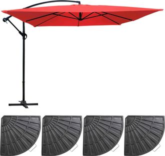 Oviala Sombrilla colgante inclinable (3 x 3 m) y 4 losas lastradas rojo