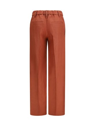 Brunello Cucinelli Womens Wide-Leg Linen Pants Orange Flame Trousers