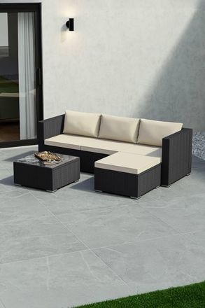 Home Discount Garden Vida 5 Pcs Hampton 4 Seater Rattan Sofa UKFR Fabric Garden Set in Black