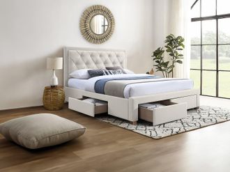 Vente-Unique Letto con Cassetti 160 x 200 cm Tessuto Beige + Materasso - LEOPOLD