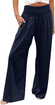 Generic Shffuw Ladies Linen Trousers Elasticated Waist, High Waist Wide Leg Palazzo Pants with Pockets, Summer Solid Color Loose Fit Casual Elegant Beach Hare