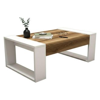 Dmora Mesa De Centro Da Salotto Kekouan, Tavolo Basso Da Caff&egrave;, Portariviste Per Divano, Ripiano Da Soggiorno, 102x60h38 Cm, Noce E Bianco