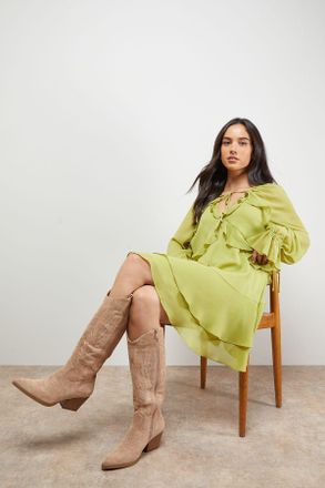 Oasis Womens Tammi Faux Suede Western Knee-High Cowboy Boots - Taupe - Size UK 4