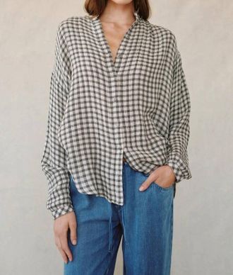 Bella Dahl Shirred Mandarin Collar Shirt In Ivory Check Plaid