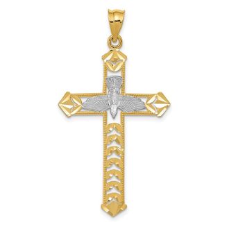 Diamond2Deal 14k Yellow Gold Rhodium Polished Diamond-Cut Dove Cross Pendant