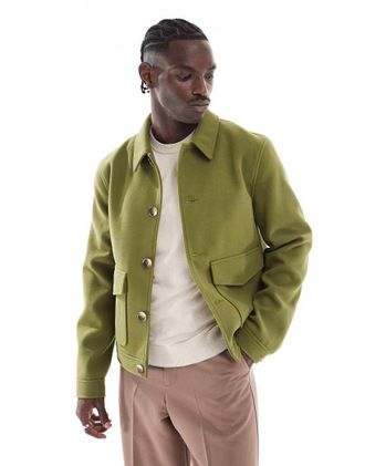 Asos wool look harrington jacket with pockets in khaki-Green