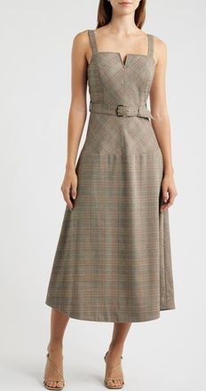 ZOE AND CLAIRE Plaid Sleeveless Belted Midi Dress in Beige at Nordstrom, Size X-Large