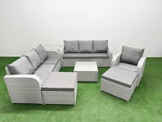 Fimous 9 Seater Poly Rattan Outdoor Garden Furniture Square Coffee Table Sofa Set Patio 3 Seater Sofa Reclining Chair 3 Seater Sofa 2 Big Footstools