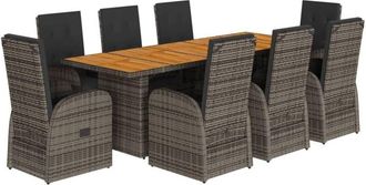 vidaXL 9 Piece Garden Dining Set with Cushions Grey Poly Rattan vidaXL