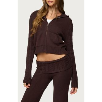 Edikted Lula Cable Knit Hooded Zip-Up Cardigan in Brown at Nordstrom, Size X-Small