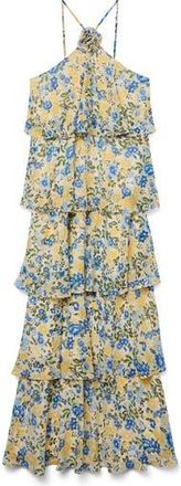 Vero Moda Lana Ruffle Tiered Halter Dress in Blue/Yellow/Oatmeal at Nordstrom Rack, Size X-Small