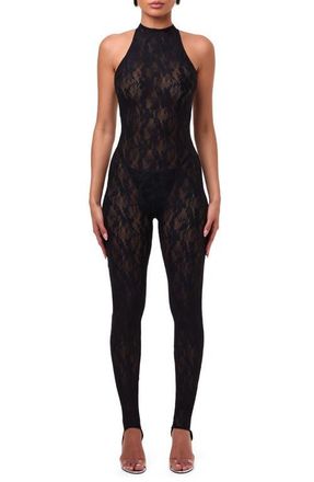 Naked Wardrobe Lace Racerback Stirrup Jumpsuit in Black at Nordstrom, Size X-Large