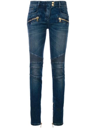 Balmain stonewashed denim biker jeans - women - Polyester/Cotton/Spandex/Elastane - 36 - Blue